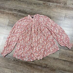 Torrid Mandarin Shirt Women Size 2X Pink Floral Button Up Bishop Sheer Sleeve